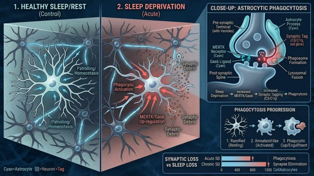 Illustration of an astrocyte engulfing synaptic material during sleep deprivation