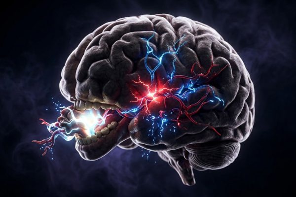 Brain eating itself in a surreal depiction of the brain breaking down its own damaged components