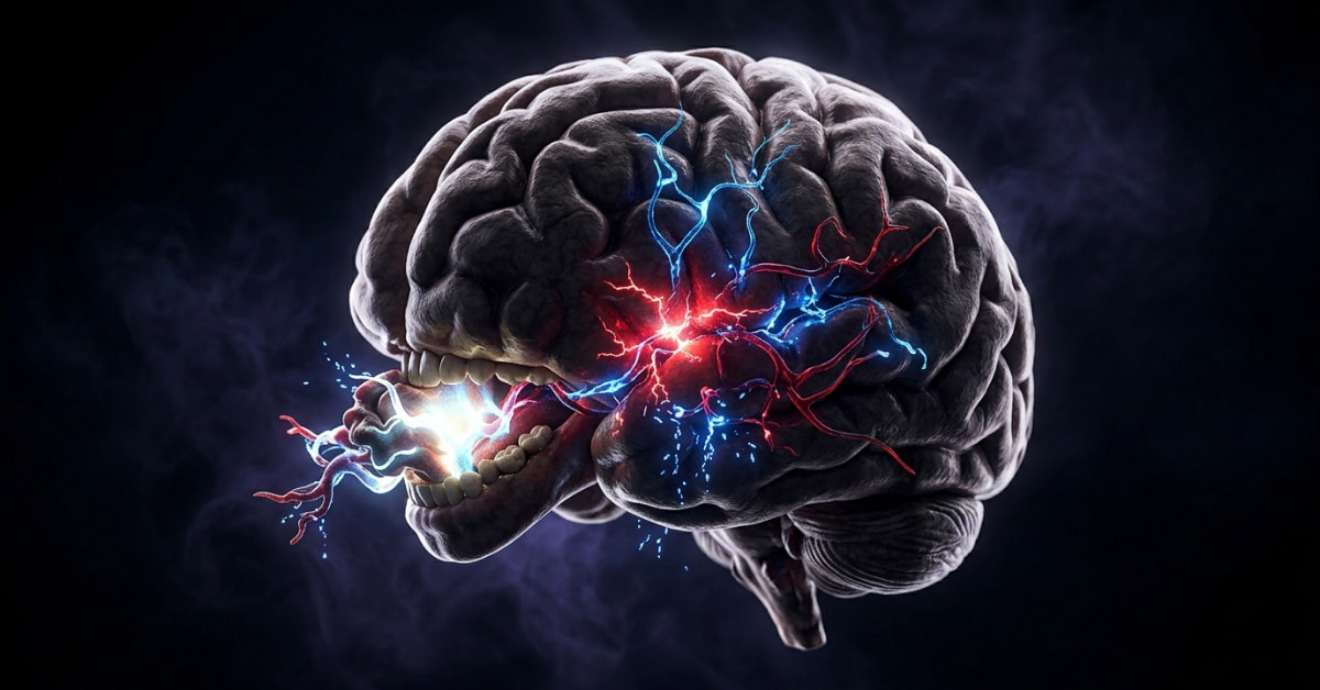 Brain eating itself in a surreal depiction of the brain breaking down its own damaged components