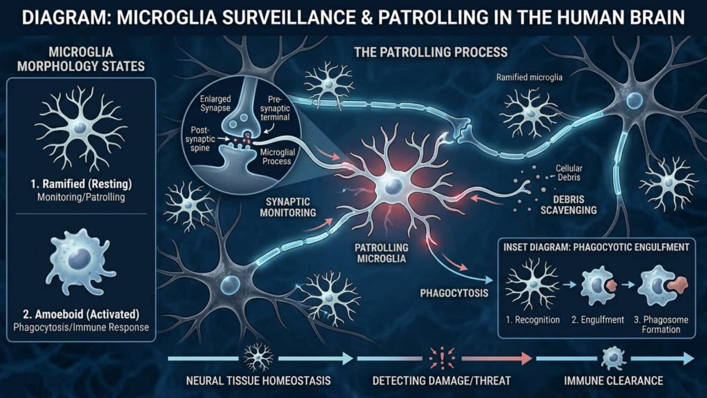 Diagram of microglia patrolling neurons and monitoring the surrounding brain tissue