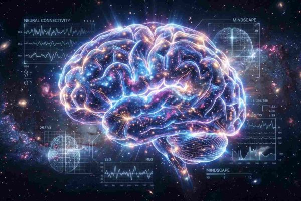 Mindscape visualization of human brain formed from glowing neural networks and cosmic energy transforming into a galaxy