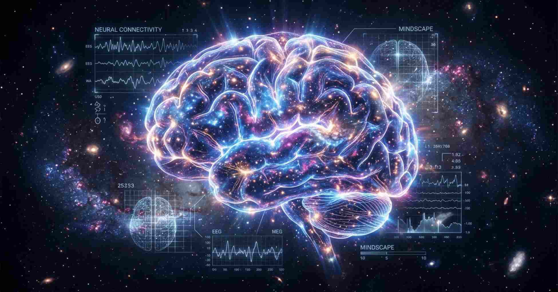 Mindscape visualization of human brain formed from glowing neural networks and cosmic energy transforming into a galaxy
