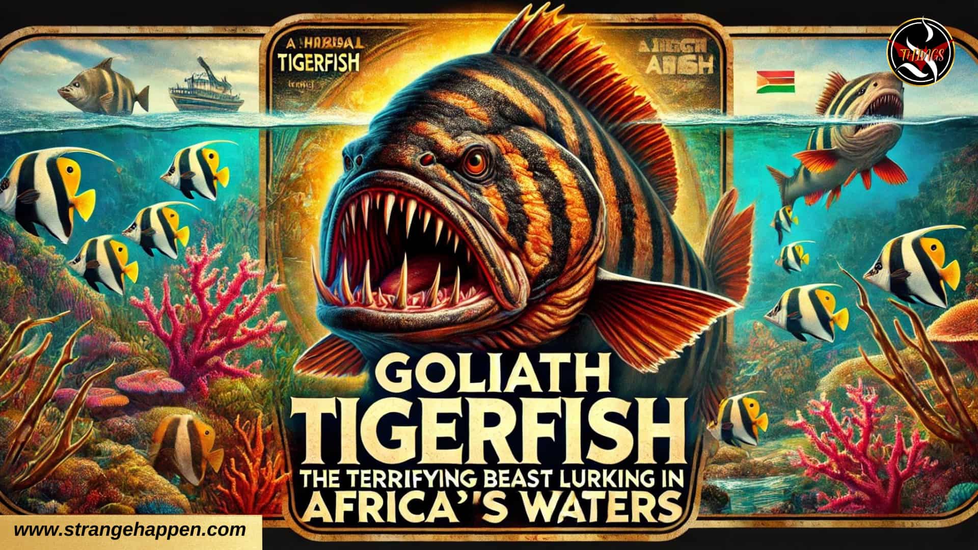 A creative portrayal of a Goliath Tigerfish in an energetic submerged scene, displaying its wild appearance and sharp teeth.
