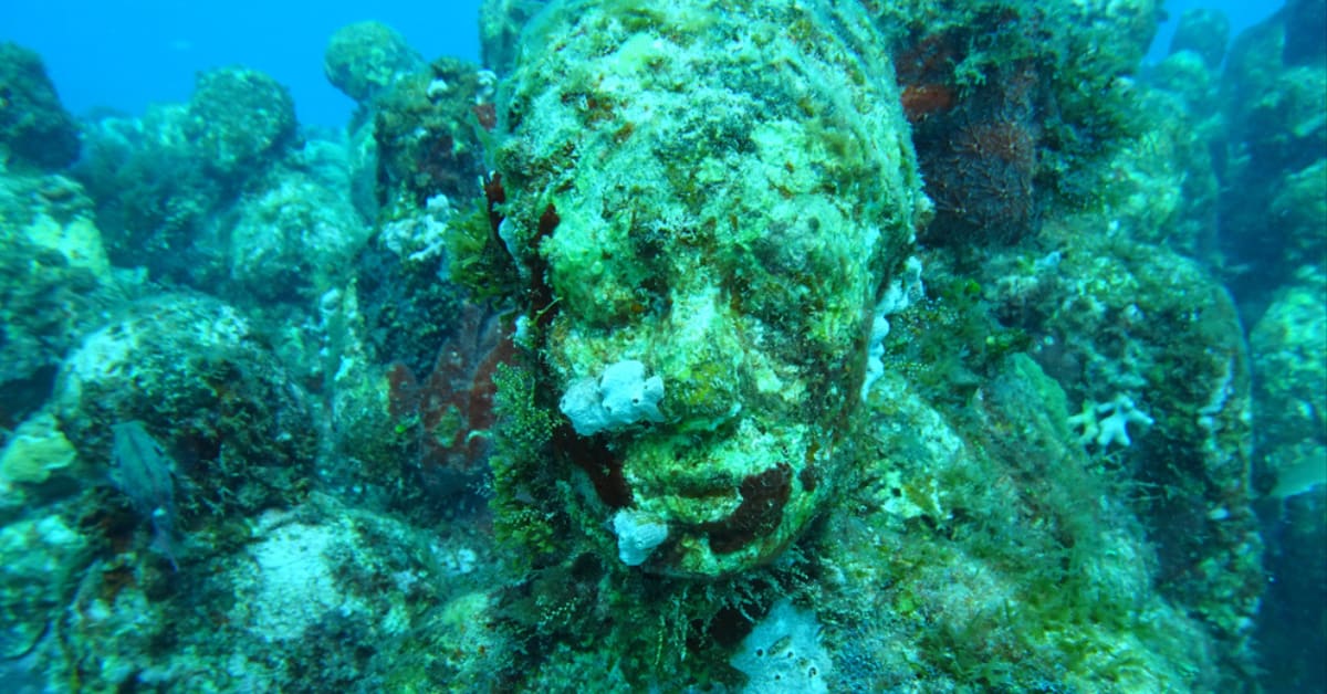 Coral-covered statue at the MUSA Underwater Museum in Cancún, Mexico
