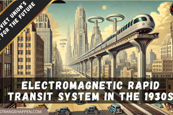 Soviet Union Soviet Union's 1930s Vision: A cutting-edge cityscape highlighting raised electromagnetic quick travel trains on smooth tracks over a clamoring metropolitan climate with Craftsmanship Deco structures and one-of-a-kind vehicles.