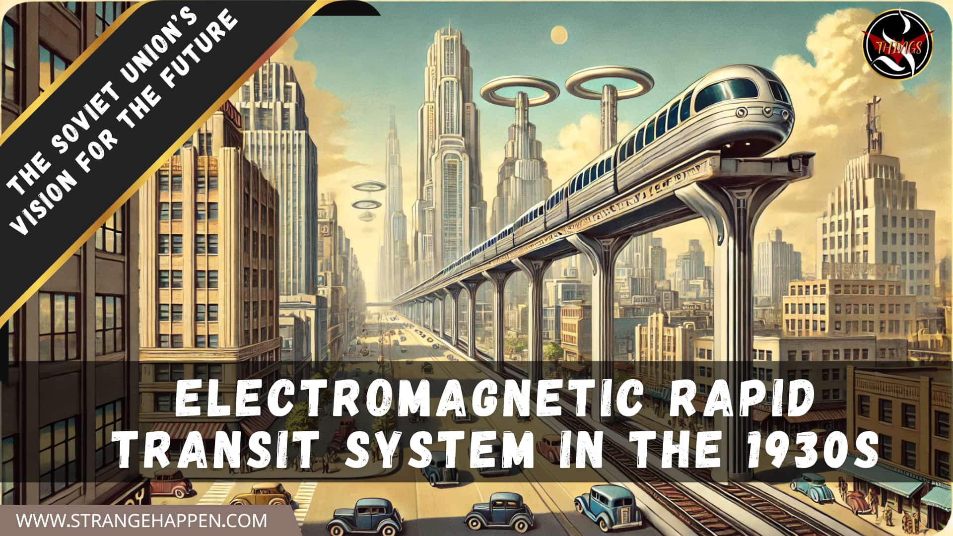 Soviet Union's 1930s Vision: A cutting-edge cityscape highlighting raised electromagnetic quick travel trains on smooth tracks over a clamoring metropolitan climate with Craftsmanship Deco structures and one-of-a-kind vehicles.