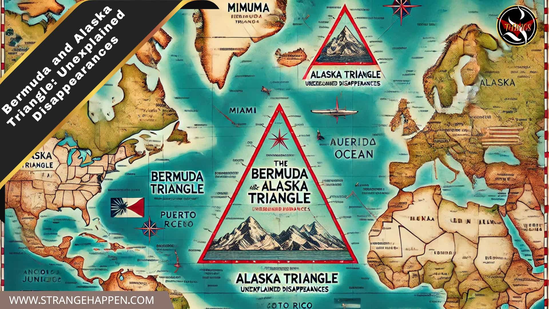 Map showing the Bermuda and Alaska Triangle with encompassing nations stamped, named Secrets of the Bermuda and Gold country Triangle Unexplained Vanishings.