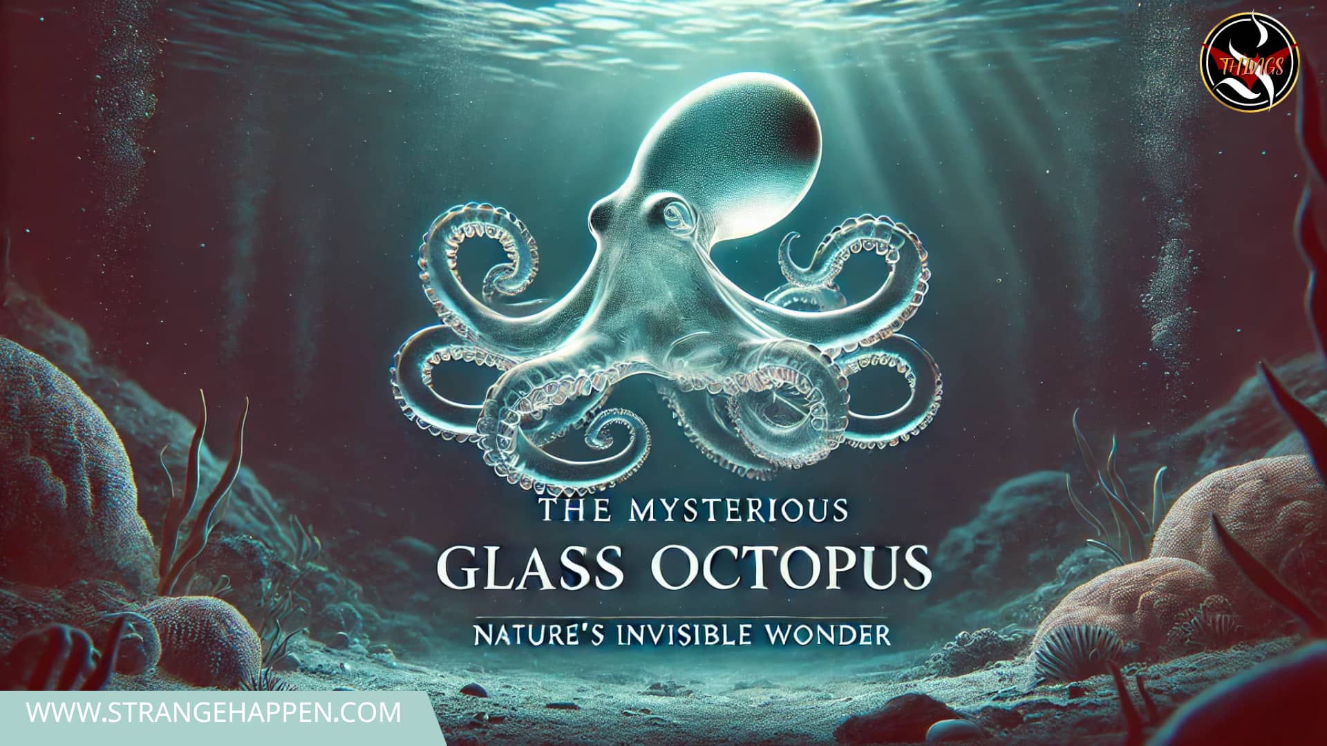 A transparent glass octopus drifting in the profound sea, mixing into its environmental factors with faint light enlightening its body