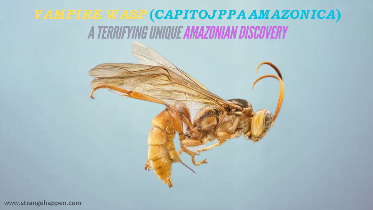 Close-up of a yellow vampire wasp (Capitojoppa amazonica) showing its particular yellow body and slim, divided legs.