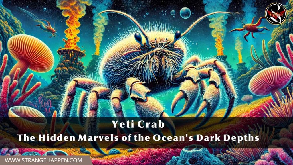 An illustration of the Yeti crab (Kiwa hirsuta) highlighting its bushy pliers and expansive carapace in a lively submerged setting with aqueous vents