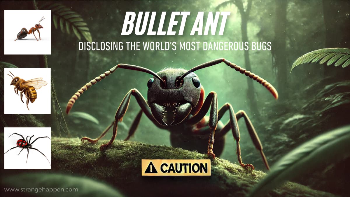 Close-up of a bullet ant in a thick rainforest, close by more modest pictures of a fire ant, killer bee, and black widow spider, named 'Shot Insect and the World's Most Perilous Bugs.