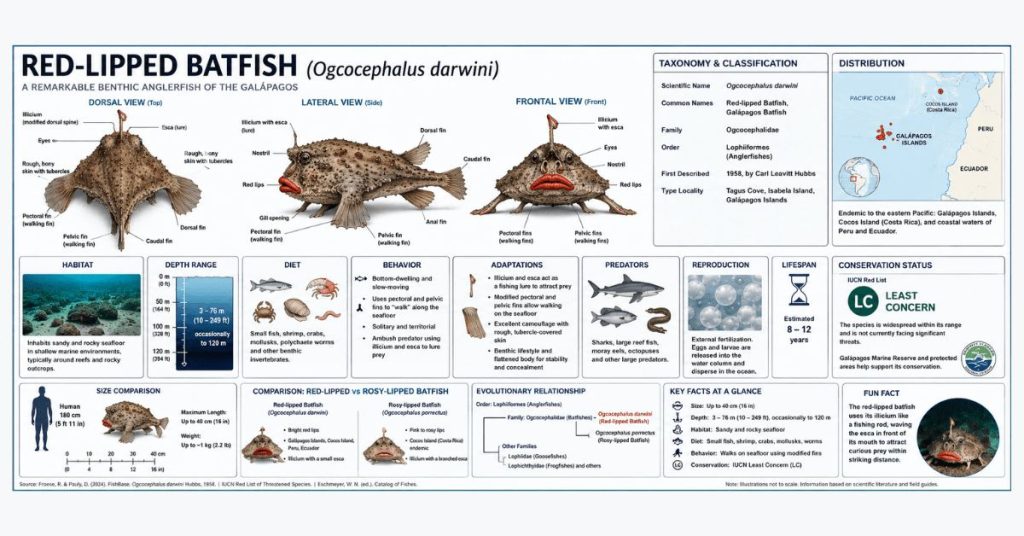 Scientific infographic of the red-lipped batfish (Ogcocephalus darwini) showing anatomy, habitat, diet, behavior, taxonomy, size, distribution, and conservation status.