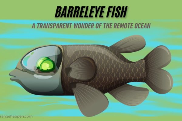 Barreleye Fish A Barreleye Fish swimming in clear sea water, exhibiting its straightforward head and dynamic green eyes.