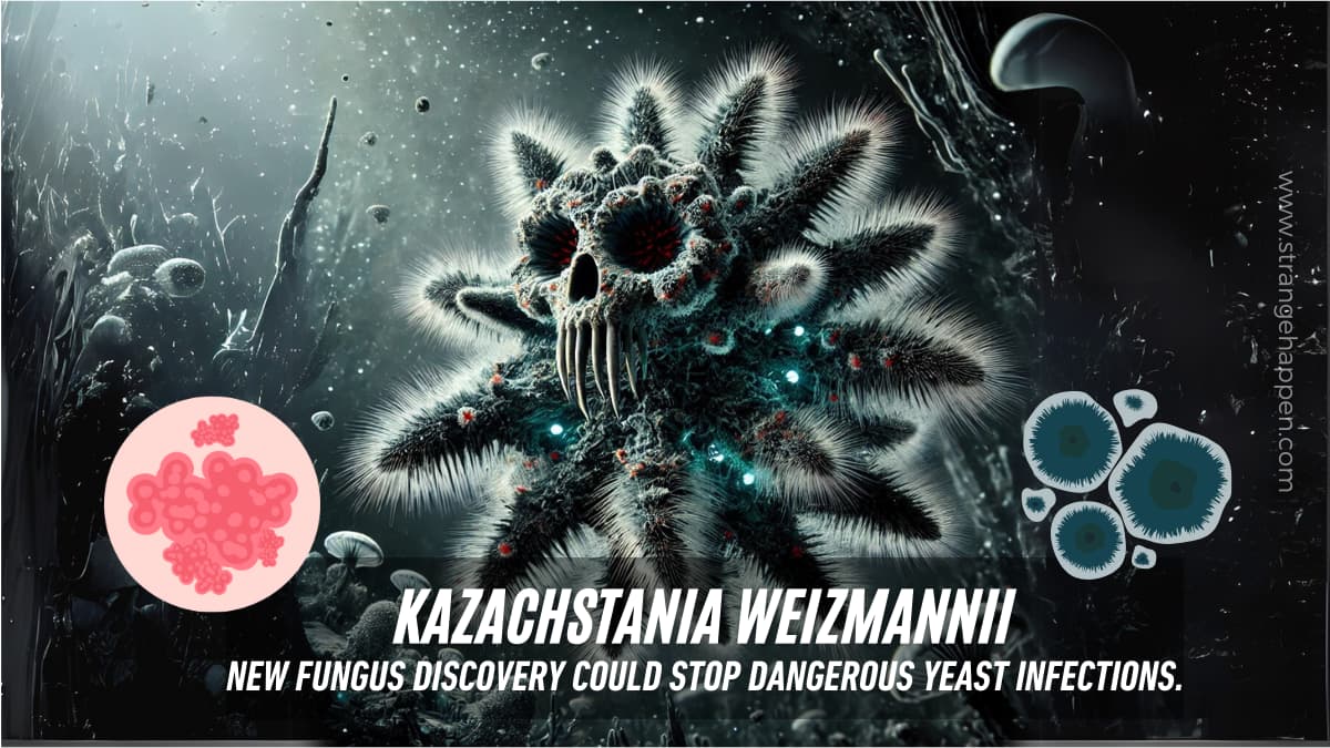 Defining like Close-up of Kazachstania weizmannii, a newfound perilous looking organism with sharp, curved designs and gleaming bioluminescence.