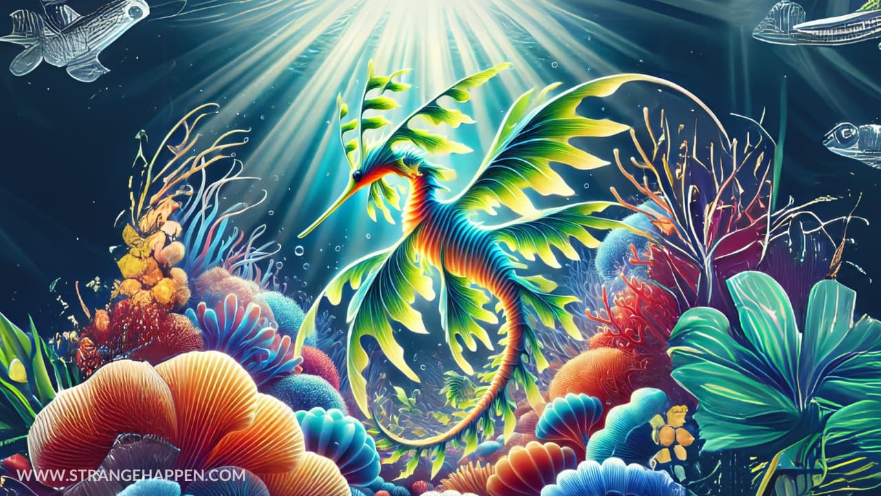 An energetic submerged scene exhibiting a Leafy Seadragon with unpredictable leaf-like limbs, encompassed by brilliant coral reefs and ocean growth, enlightened by daylight, with intense text perusing "Verdant Seadragon: Nature's Show-stopper!
