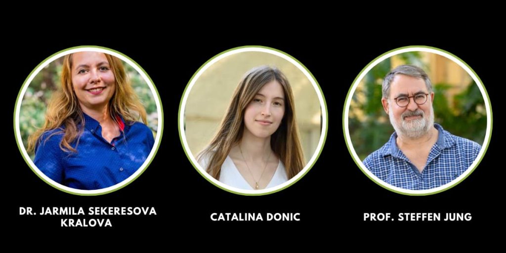 Dr. Jarmila Sekeresova Kralova, Catalina Donic, and Prof. Steffen Jung standing together in a lab setting, exhibiting their exploration on yeast named to pay tribute to Dr. Chaim Weizmann