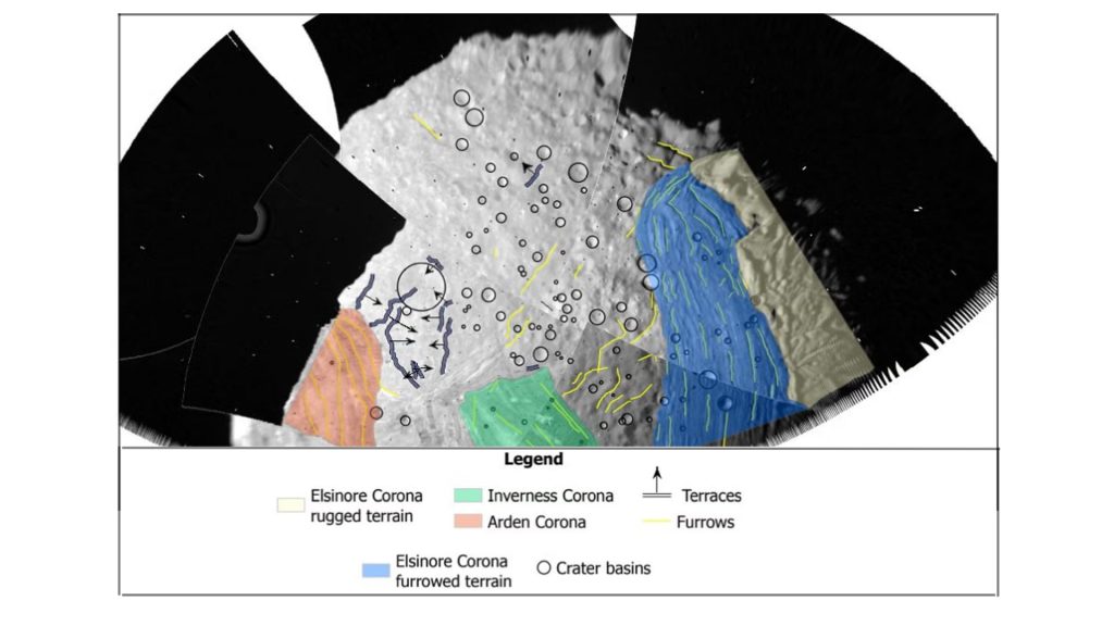 Geologic map of Miranda's cratered surface showing all three named coronae, Arden Corona in orange, Inverness Corona in green, and Elsinore Corona's rugged and furrowed terrain in tan and blue, with mapped furrows, terraces, and crater basins marked