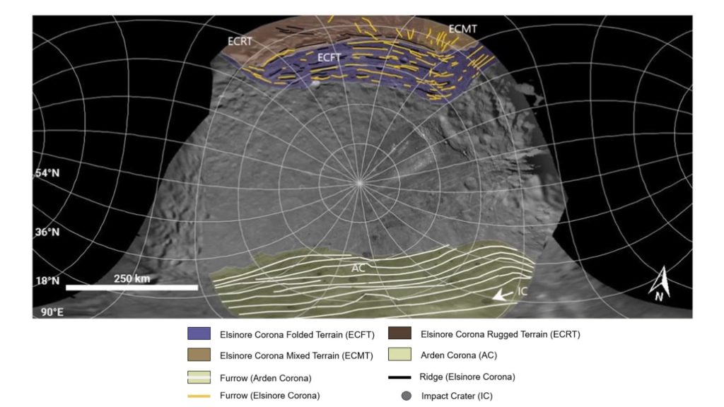 Polar stereographic geologic map of Miranda showing the terrain units of Elsinore Corona, folded, rugged, and mixed, along with Arden Corona, mapped over a grayscale image of the moon's cratered surface with a 250 km scale bar
