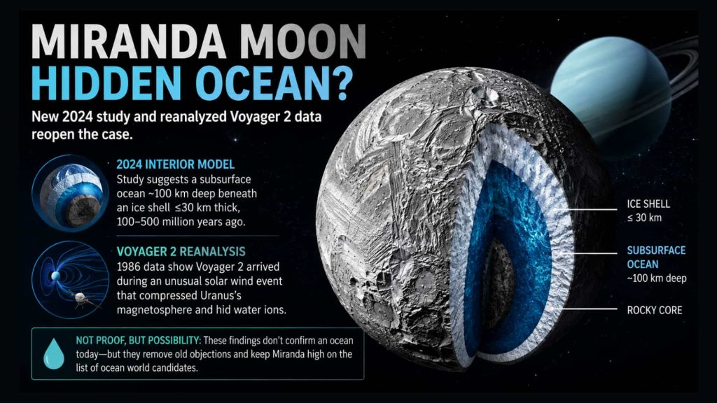 Infographic titled "Miranda Moon: Hidden Ocean?" showing a cutaway diagram of Miranda's interior with a rocky core, a subsurface ocean about 100 km deep, and an ice shell 30 km thick or less, alongside a summary of the 2024 interior model study and the Voyager 2 magnetosphere reanalysis