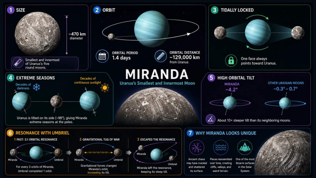 Infographic explaining Miranda, Uranus's smallest moon: its 470 km diameter, 1.4 day orbital period, tidal locking to Uranus, extreme seasons from Uranus's axial tilt, its unusually steep 4.2 degree orbital tilt, and the past 3:1 orbital resonance with Umbriel that shaped its surface