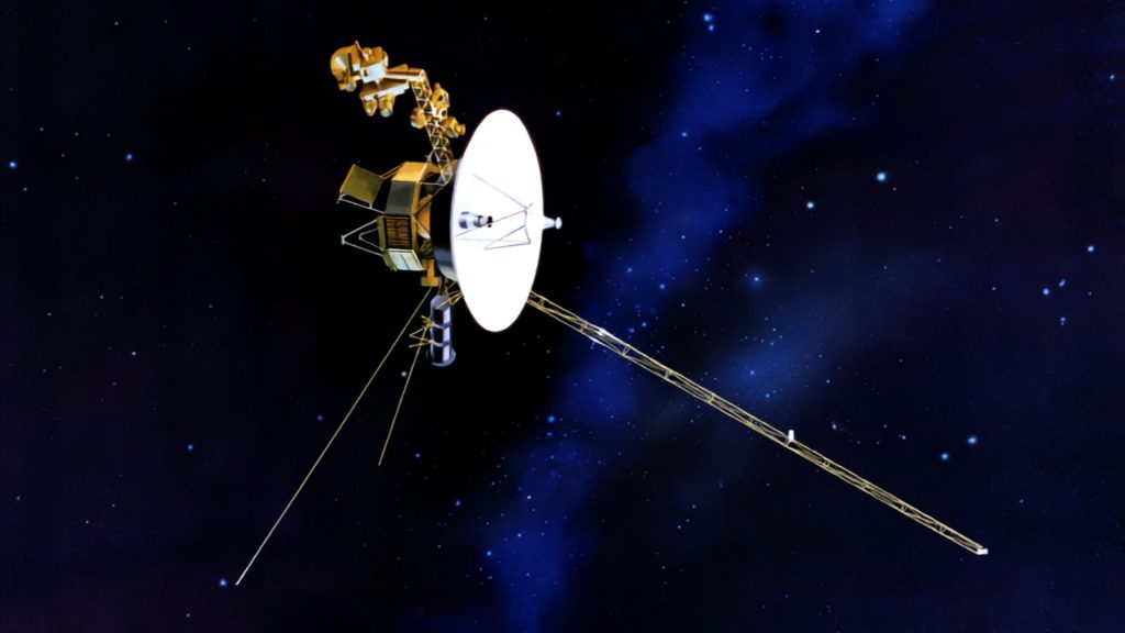 Artist's rendering of NASA's Voyager 2 spacecraft, showing its large white dish antenna, gold-wrapped instrument bus, and extended magnetometer boom against a starfield