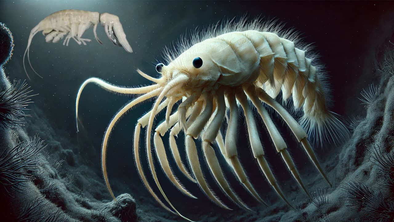 A newfound remote ocean animal, Ducibella camanchaca, an uncommonly enormous, pale amphipod with bended recieving wires and strong hooks, hunting in obscurity profundities of the Pacific Sea.