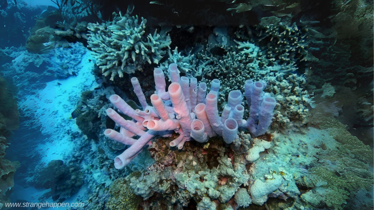 Glass sponges in light blue clear sea water, settled between coral reefs.