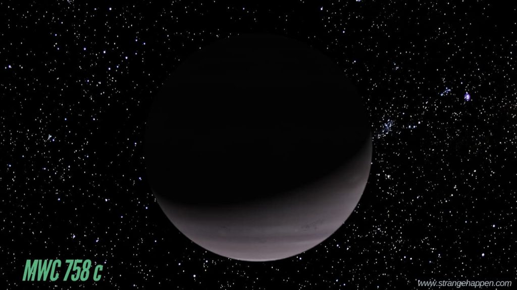 A dim, huge protoplanet, MWC 758 c, looms in the limitlessness of room, encompassed by a brilliant sky. Its outline contrasts against the far off stars, catching the secret of planetary arrangement.