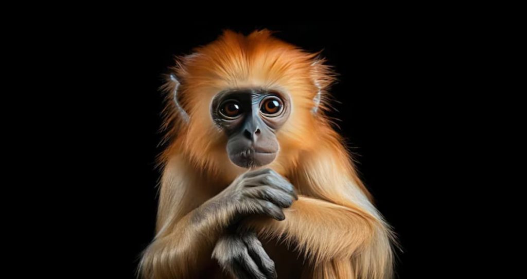 A nearby representation of the Popa Langur (Trachypithecus popa), displaying its dim fur, white cheeks, and dark face, set against a dark background.