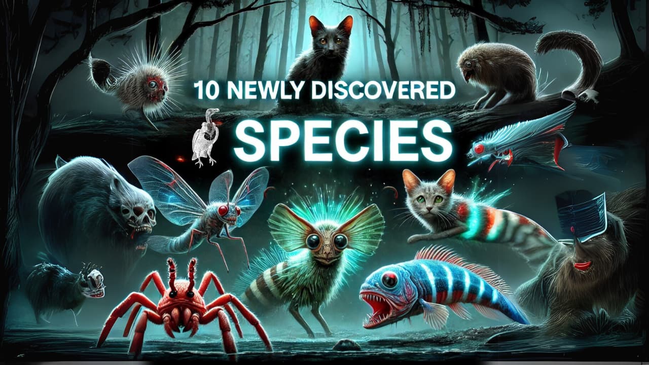 Delineation of 10 newly discovered species, highlighting energetic and creative portrayals of creatures and bugs in a dark forest setting.