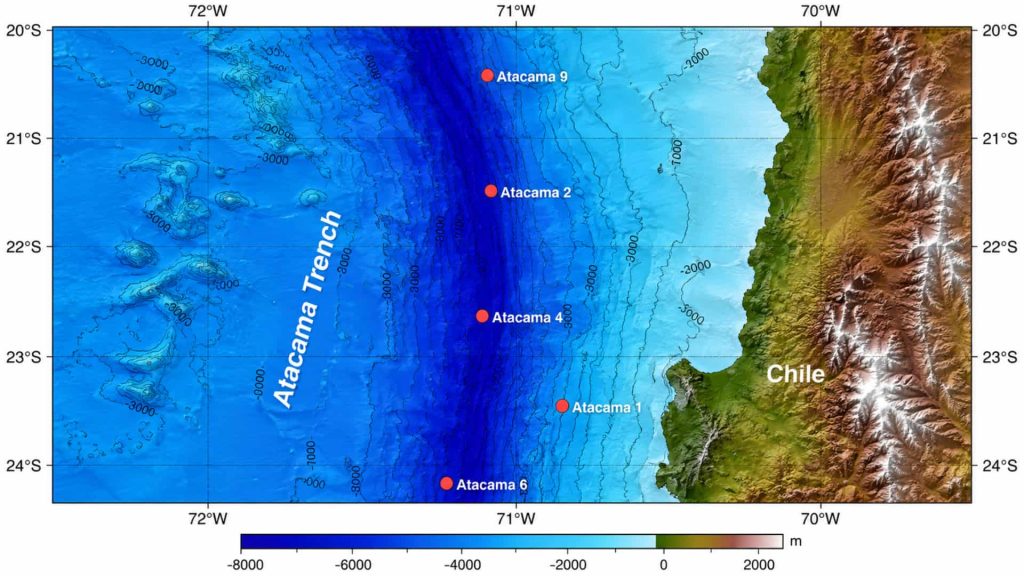 Map of the Atacama Trench off the coast of Chile showing deep-sea sampling sites
