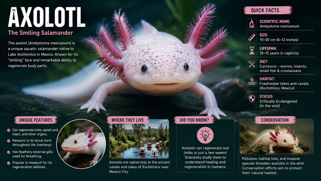 Axolotl Biography and Facts Infographic Axolotl biology, habitat, regeneration, size, diet, and conservation facts