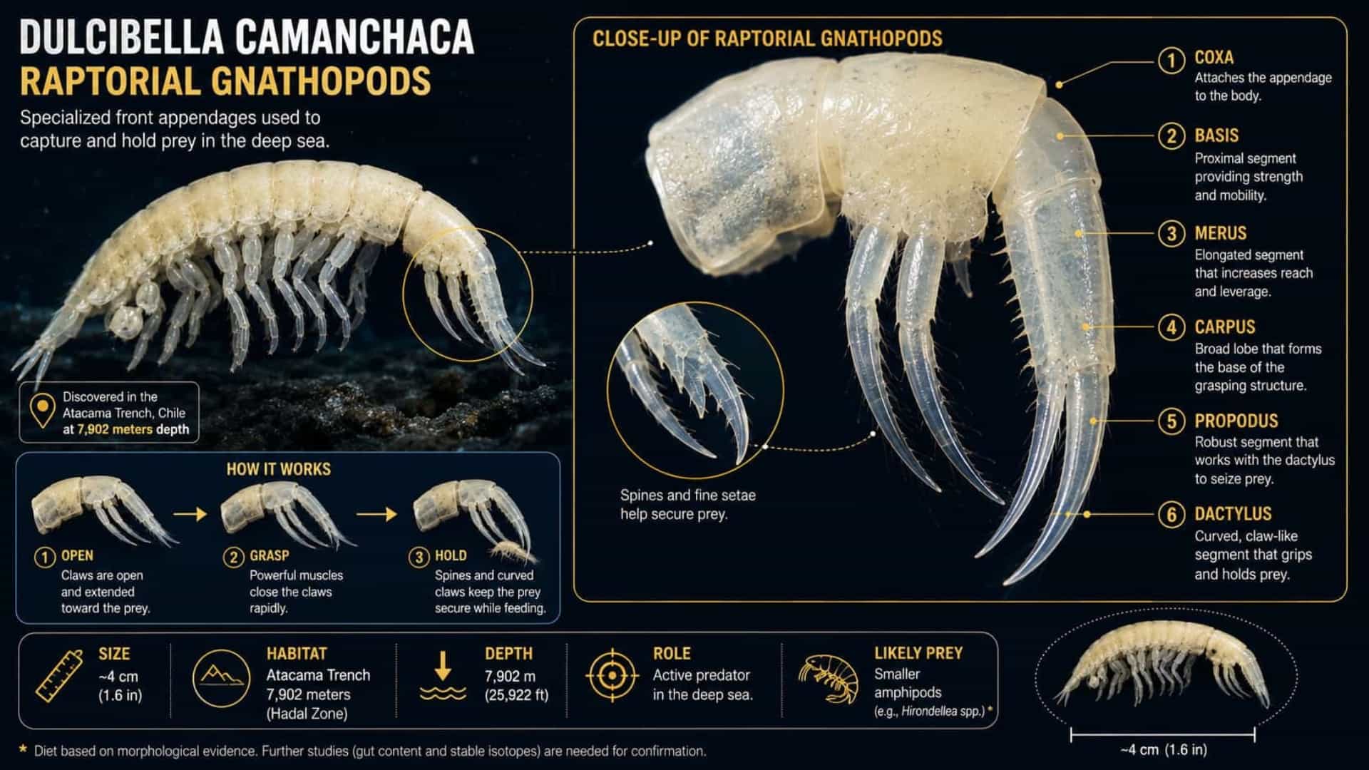 AI infographic illustrating the raptorial gnathopods of Dulcibella camanchaca