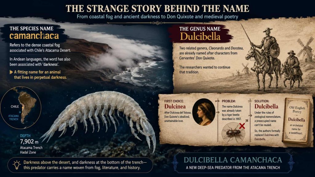 Infographic explaining the meaning and naming history of Dulcibella camanchaca