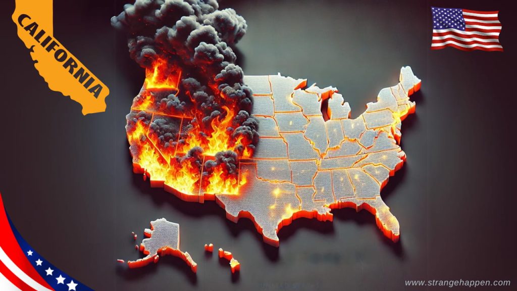 Map of California highlighting cities engulfed in flames due to a massive California wildfire.