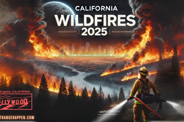 California Wildfire A firefighter standing with a water hose, battling a massive wildfire as flames spread across California wildfire.
