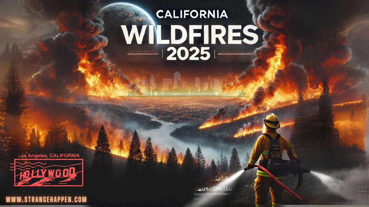 A firefighter standing with a water hose, battling a massive wildfire as flames spread across California wildfire.