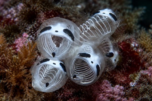 Skeleton panda sea squirt Clavelina ossipandae growing on a colorful reef near Kume Island, Japan