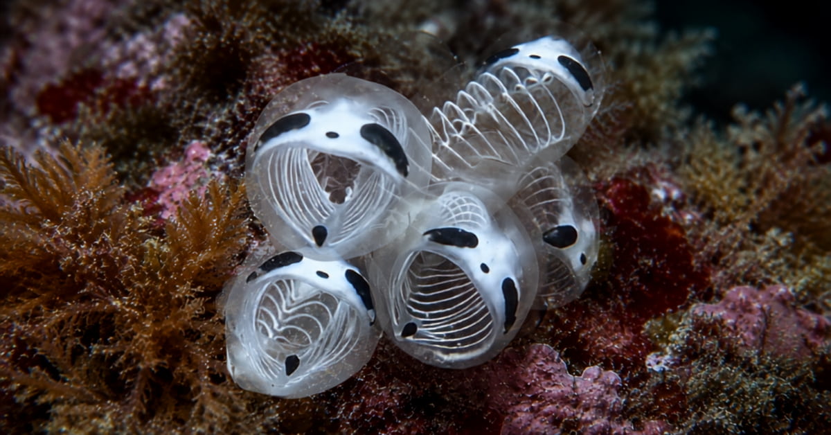 Skeleton panda sea squirt Clavelina ossipandae growing on a colorful reef near Kume Island, Japan