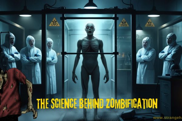 Science Behind Zombification A restrained zombie-like human in a dark laboratory with eerie green lights, surrounded by scientists in biohazard suits—The Science Behind Zombification.