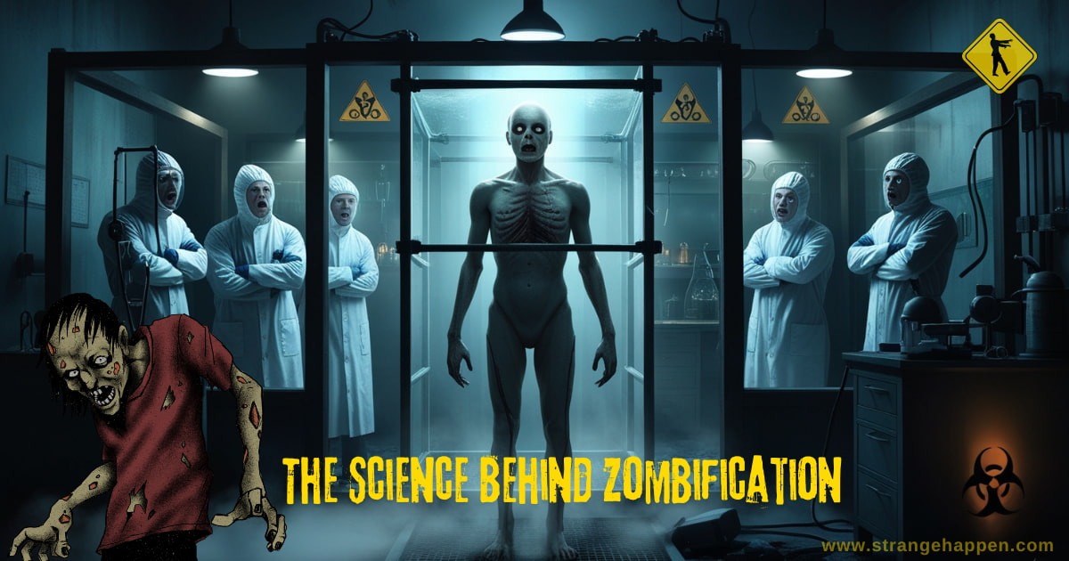 A restrained zombie-like human in a dark laboratory with eerie green lights, surrounded by scientists in biohazard suits—The Science Behind Zombification.