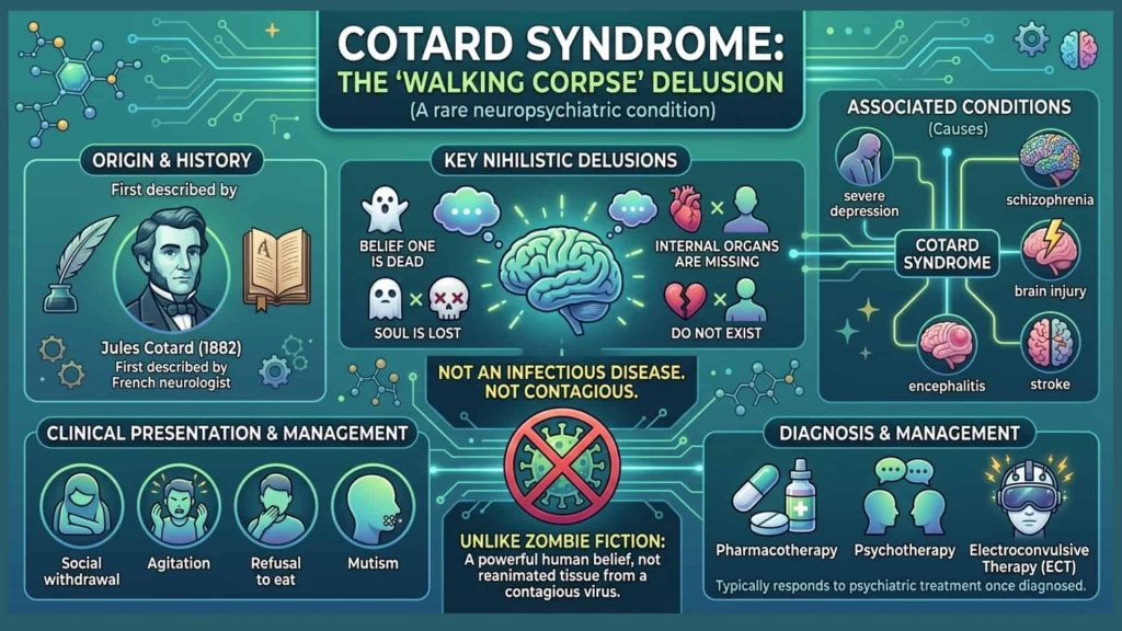 Cotard Syndrome: The “Walking Corpse” Delusion Educational infographic explaining Cotard syndrome, its symptoms, associated conditions, and treatment