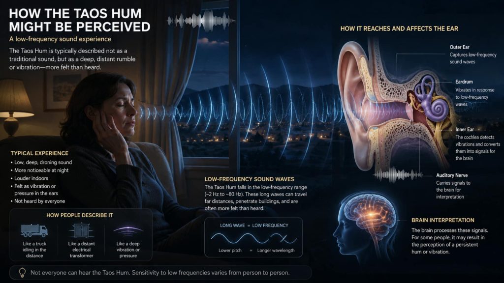 How the Taos Hum Might Be Perceived AI-generated scientific infographic illustrating how a person might perceive the low-frequency Taos Hum, showing sound waves, ear anatomy, cochlea, auditory nerve, and brain processing.