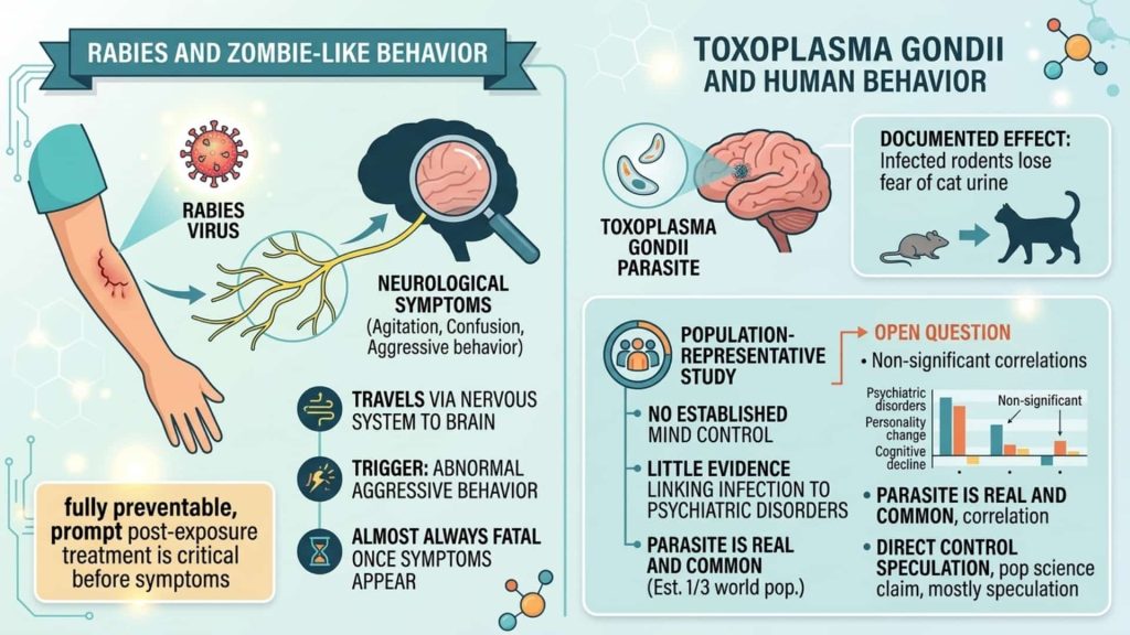 Rabies and Toxoplasma gondii: Zombie-Like Behavior and Human Behavior Scientific infographic comparing rabies neurological symptoms with Toxoplasma gondii and its possible effects on animal and human behavior