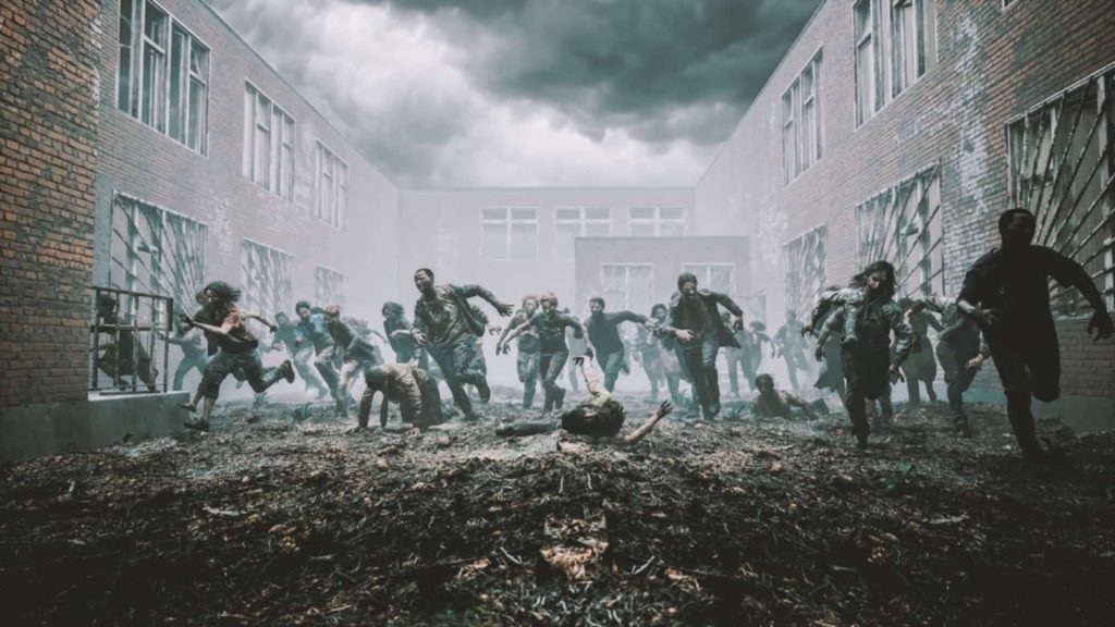 Science Behind Zombification: The Reality Behind Zombie Behavior A chaotic horde of zombies running through a ruined courtyard, illustrating the science behind zombification and zombie-like behavior