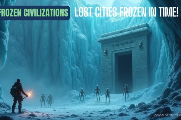 Frozen Civilizations: Lost Cities Frozen in Time! Frozen Civilizations buried beneath towering glaciers, with eerie statues, crumbling stone structures, and a partially exposed temple entrance emerging from the ice.