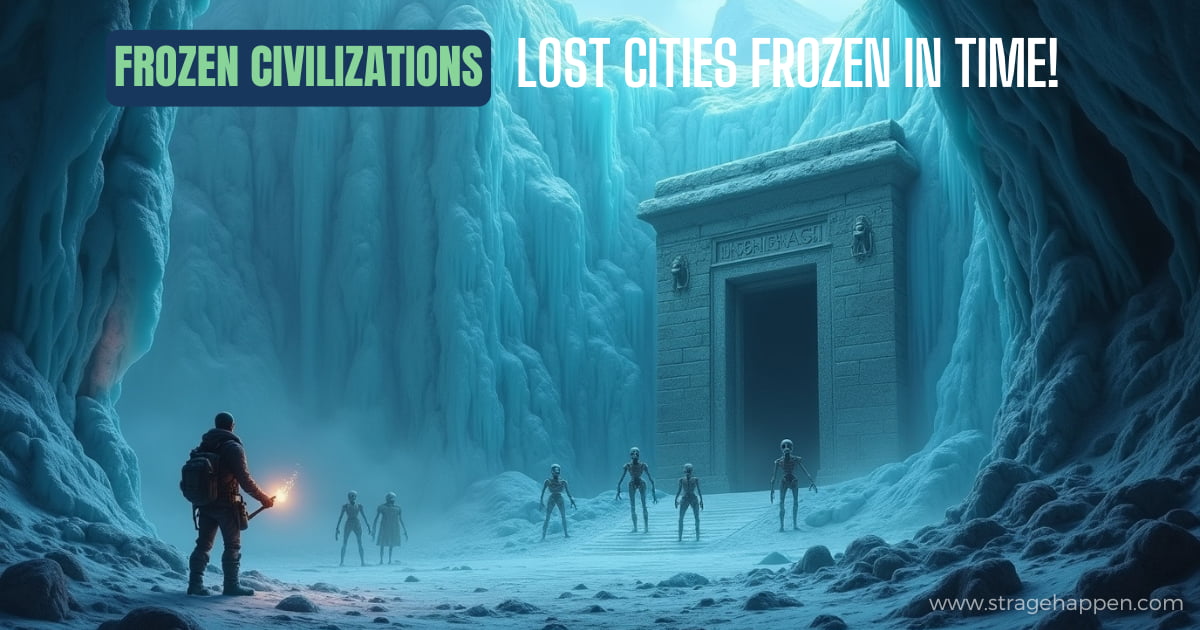 Frozen Civilizations buried beneath towering glaciers, with eerie statues, crumbling stone structures, and a partially exposed temple entrance emerging from the ice.