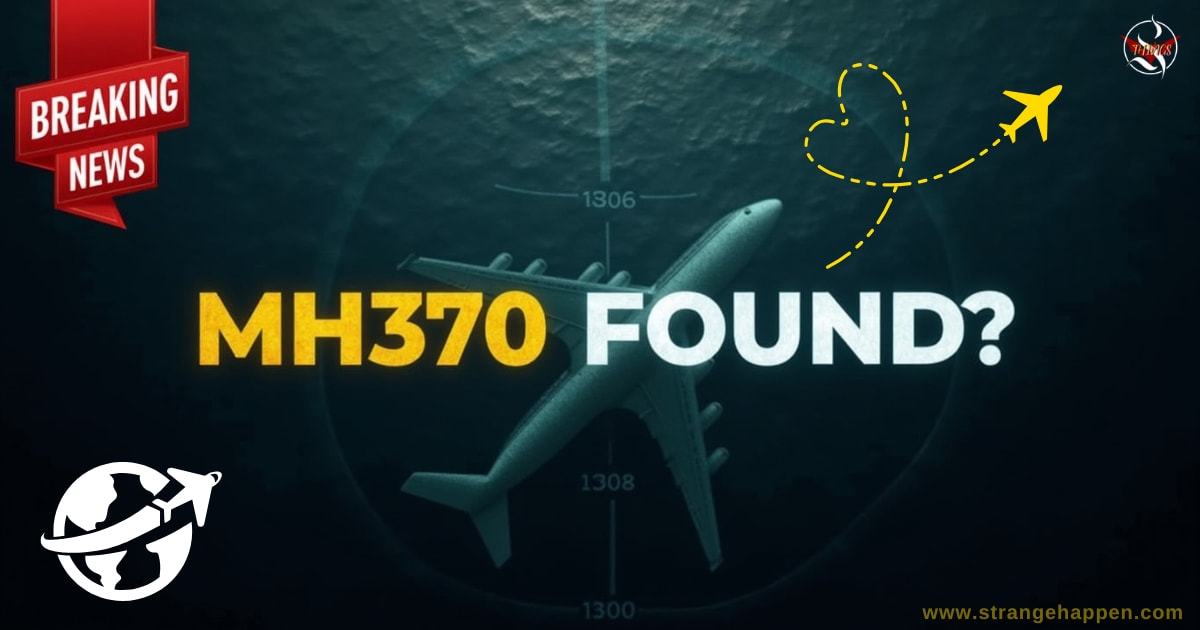 Eerie aerial view of the Indian Ocean with a ghostly silhouette of Malaysia Airlines Flight MH370 submerged beneath the waves, a red "BREAKING NEWS" banner, and bold text "MH370 FOUND?" with a radar overlay.