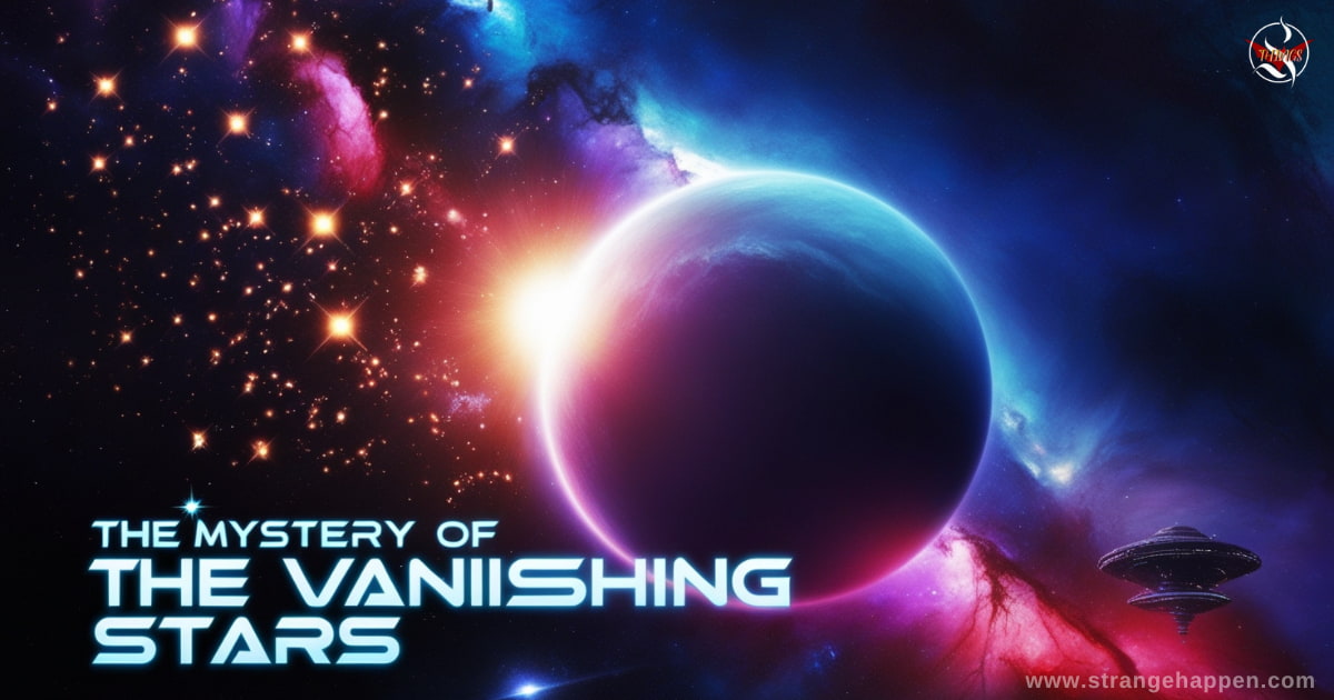 A mesmerizing cosmic scene illustrating The Mystery of the Vanishing Stars, featuring disappearing stars, a glowing galaxy, and a dark void.