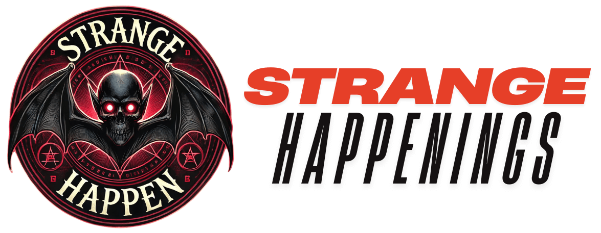 A circular eerie logo for 'Strange Happen', featuring bat-like wings, a skeletal face with glowing eyes, and gothic-style text in a dark, misty atmosphere with text strange happenings